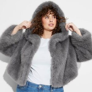 Women's Cropped Hooded Faux Fur Jacket - Wild Fable™ Gray S